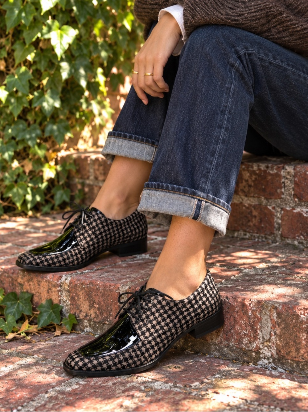 EMMA GO Houndstooth and Patent Black/Tan Handmade Danish Lace-Up Oxfords, 36 - Picture 2 of 14